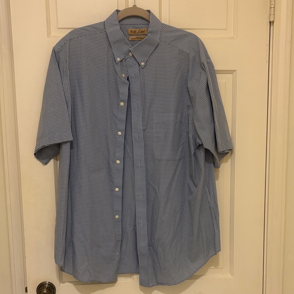 Men’s Gold Label Blue Check Button Down Short Sleeve Shirt